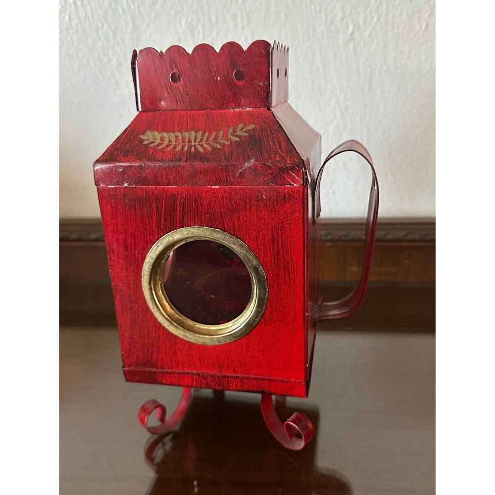 Vtg 9'' Red Metal Signal Lantern Candle Holder Distressed Gold Leaf Hong Kong